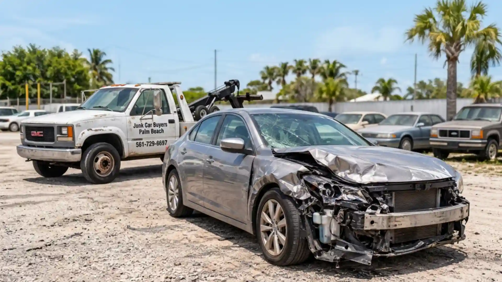 Photo-based illustration of a vehicle scene for Buy Wrecked Cars.