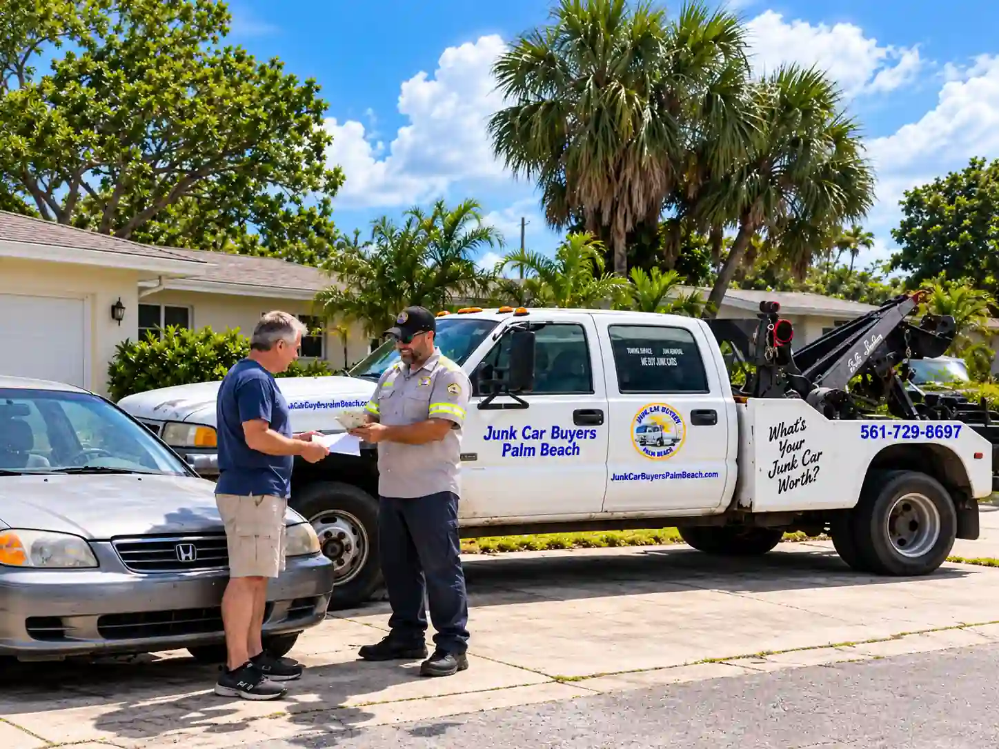A vehicle owner exchanging paperwork and receiving cash beside a Junk Car Buyers Palm Beach tow truck