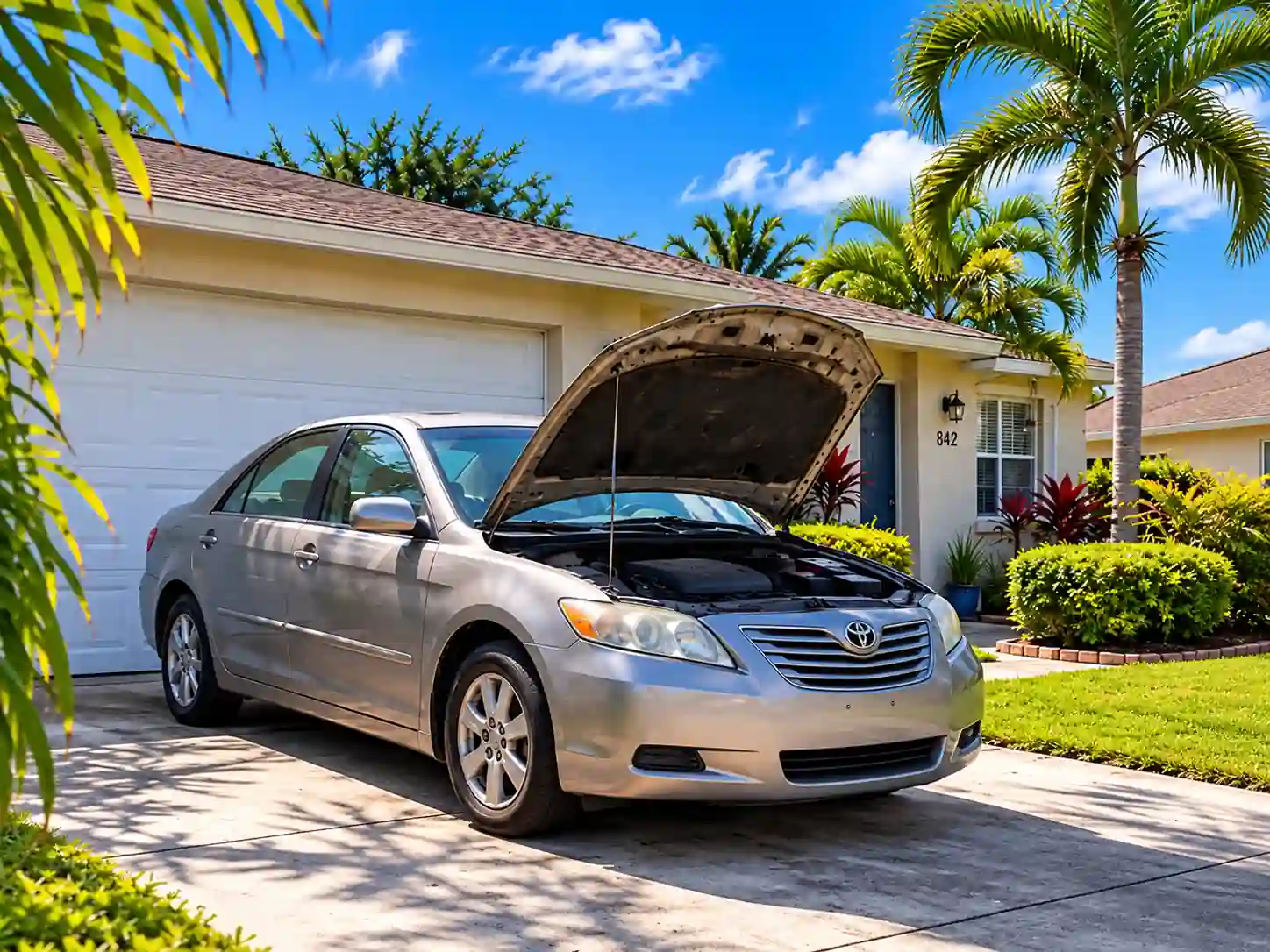 A silver sedan with its hood open in a residential driveway