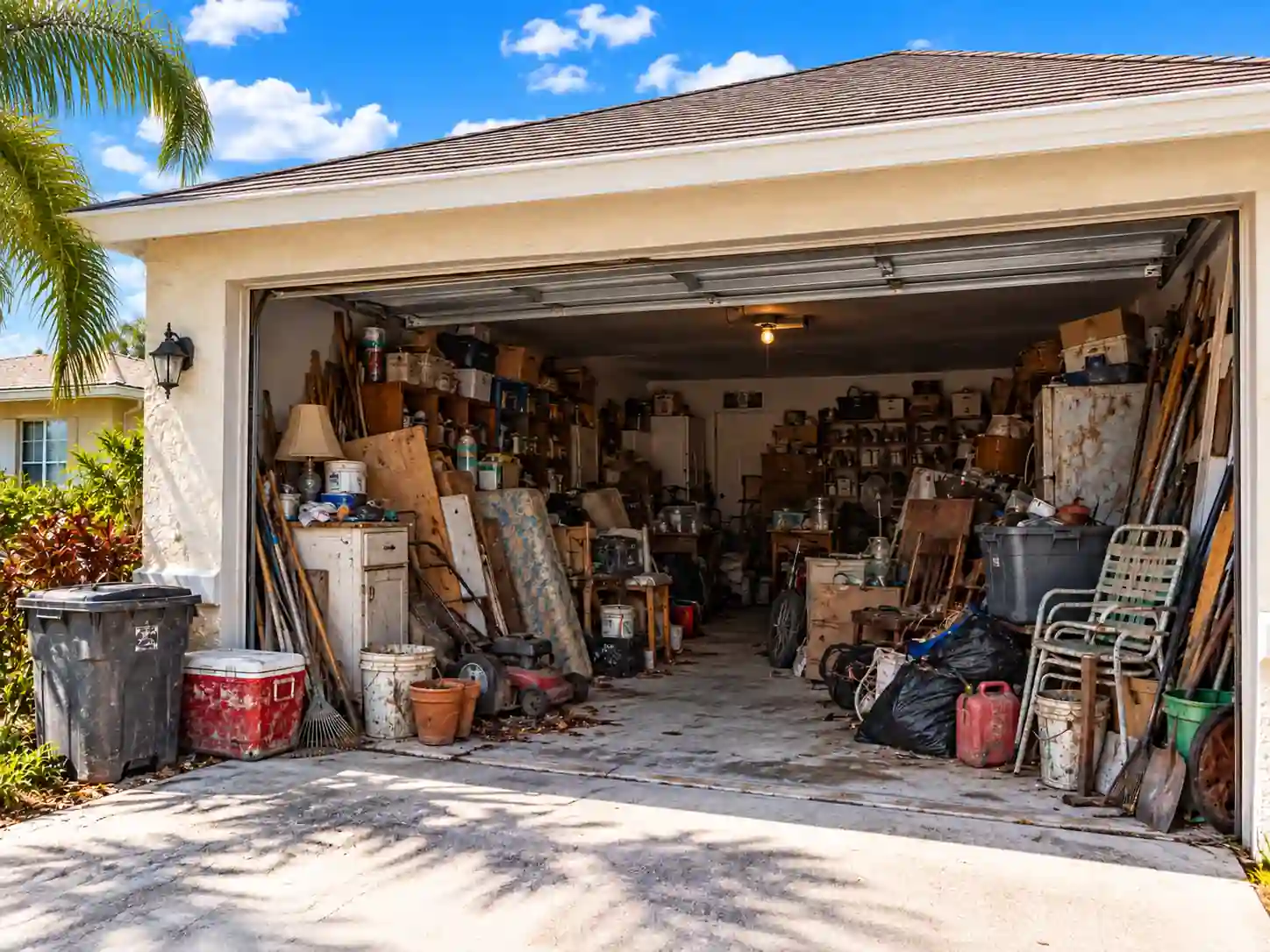 An open garage filled with unwanted furniture, tools, boxes, and other household items