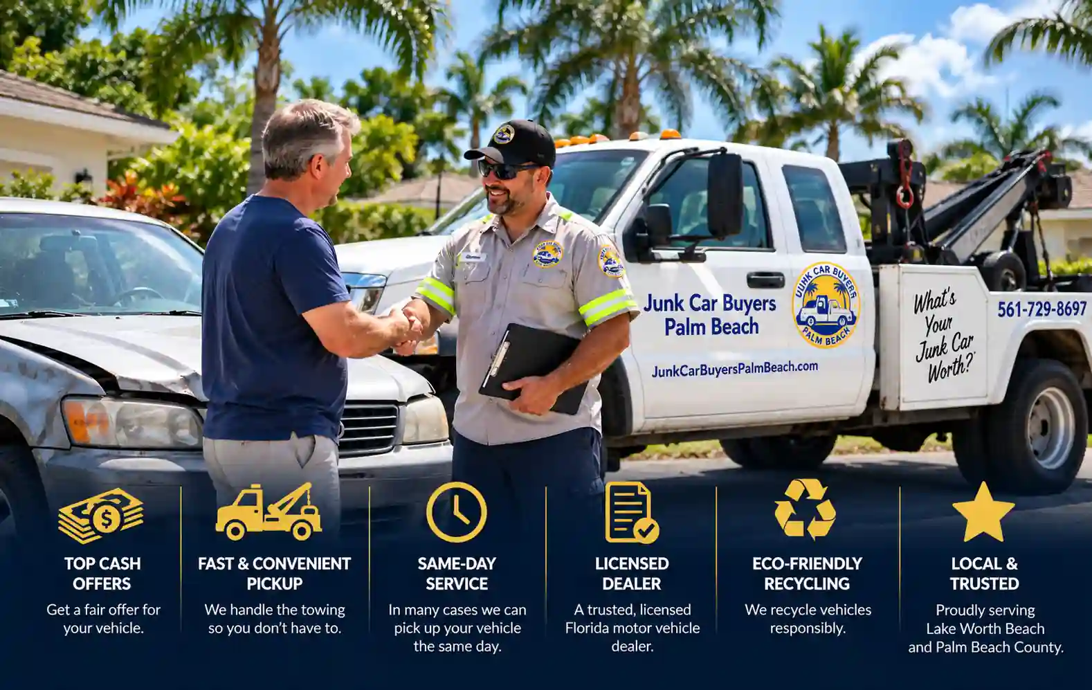 A vehicle owner shaking hands with a Junk Car Buyers Palm Beach representative beside a tow truck. Image highlights cash offers, convenient pickup, same-day service, licensed dealer status, recycling, and local service.